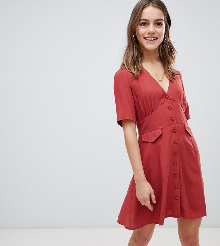 Asos Design Petite Button Through Mini Skater Dress With Pockets-orange