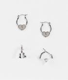 Asos Design 2 Pack Hoop Earring Set With Broken Heart And Flower Charms In Silver Tone