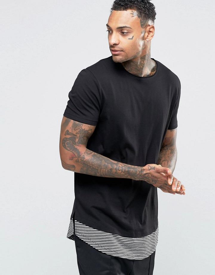 Asos Super Longline T-shirt With Curved Stripe Hem - Black