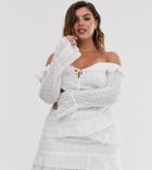 In The Style X Dani Dyer Plus Off Shoulder Lace Ruffle Mini Dress With Asymmetric Hem In White - Multi