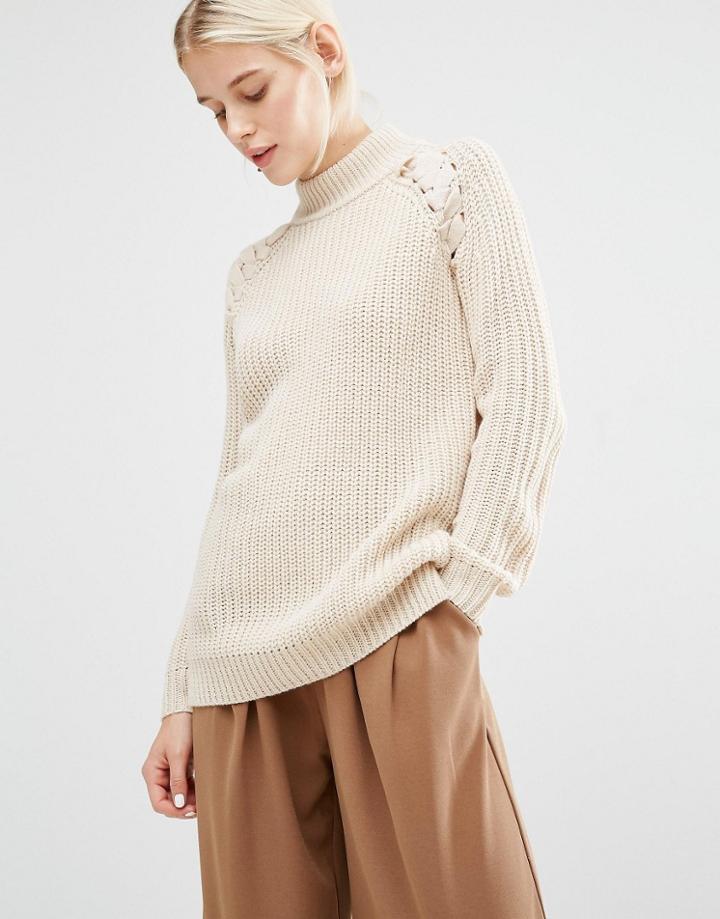 Lost Ink High Neck Sweater With Lace Up Detail - Beige