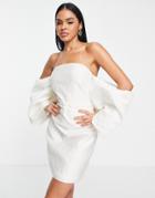 Asos Luxe Extreme Bardot Sleeve Jacquard Mini Dress In White
