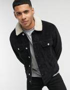 Asos Design Cord Western Jacket With Fleece Lining In Black