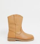 Asos Design Wide Fit Andy Leather Pull On Trucker Boots In Sand-neutral