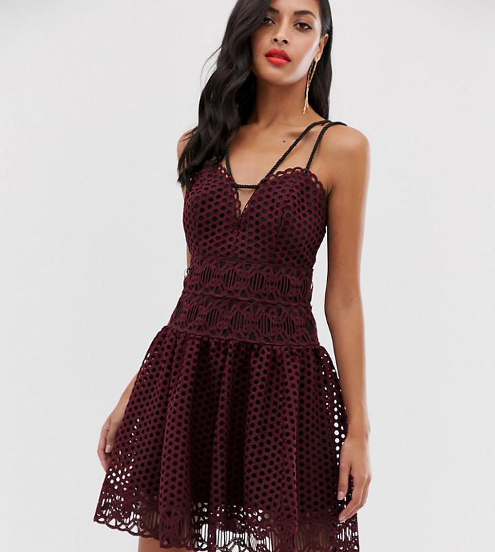 Asos Design Mini Dress In Basket Weave Lace With Rope Trim - Red
