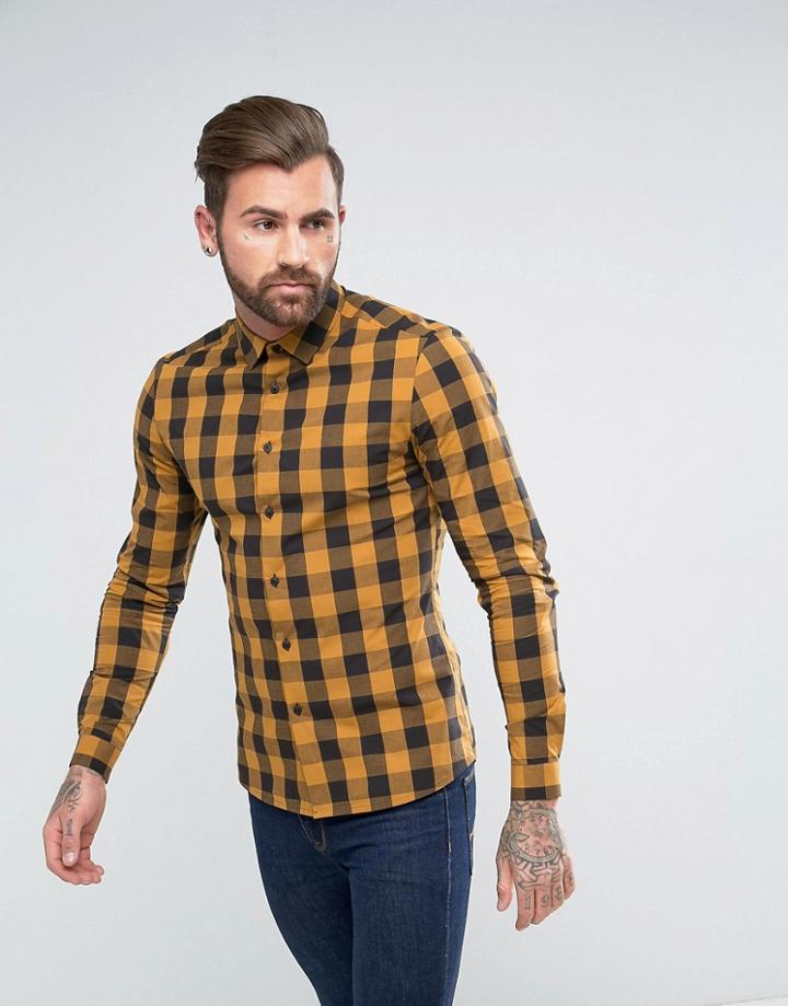Asos Skinny Buffalo Plaid Shirt In Mustard - Yellow