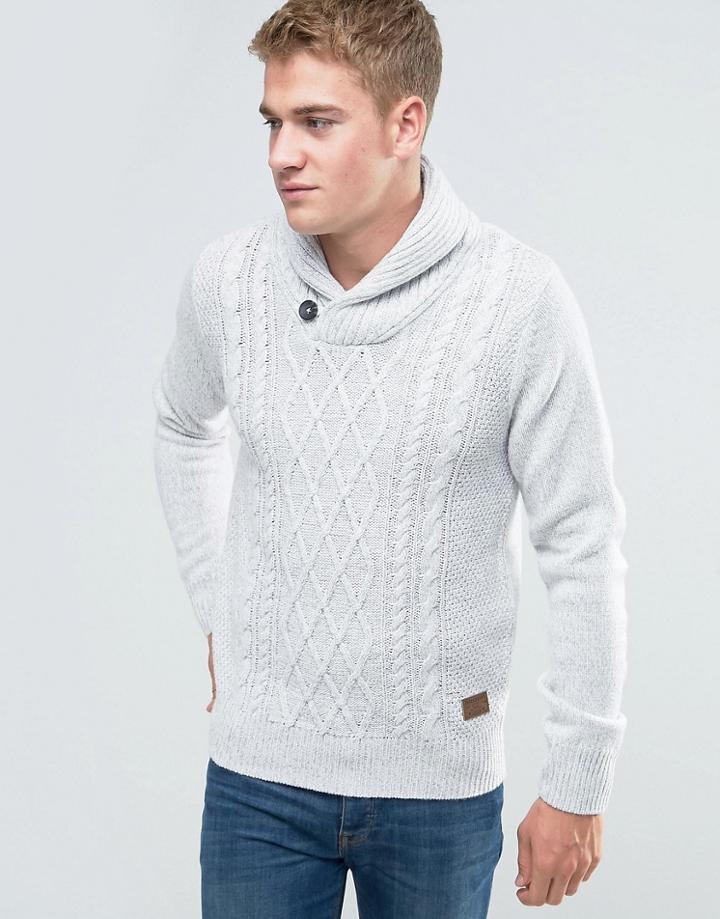 Threadbare Shawl Neck Cable Knit Sweater - White