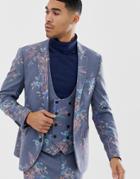 Asos Design Skinny Suit Jacket In Printed Blue Floral Wool Mix - Blue