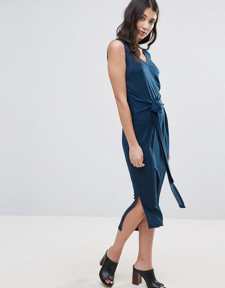 Unique 21 Waist Tie Dress With Side Splits - Navy