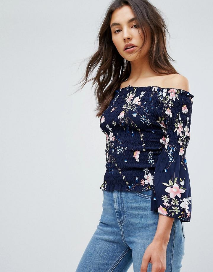 Qed London Floral Off Shoulder Smock Top - Navy