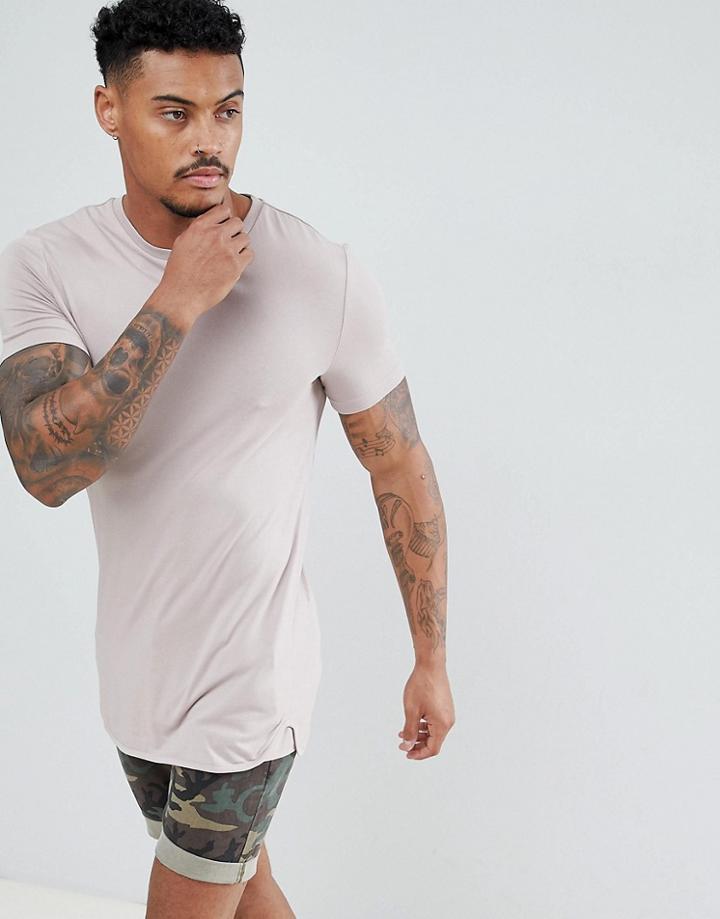 Asos Design Longline Muscle Fit T-shirt With Stretch And Bound Curved Hem In Pink - Pink