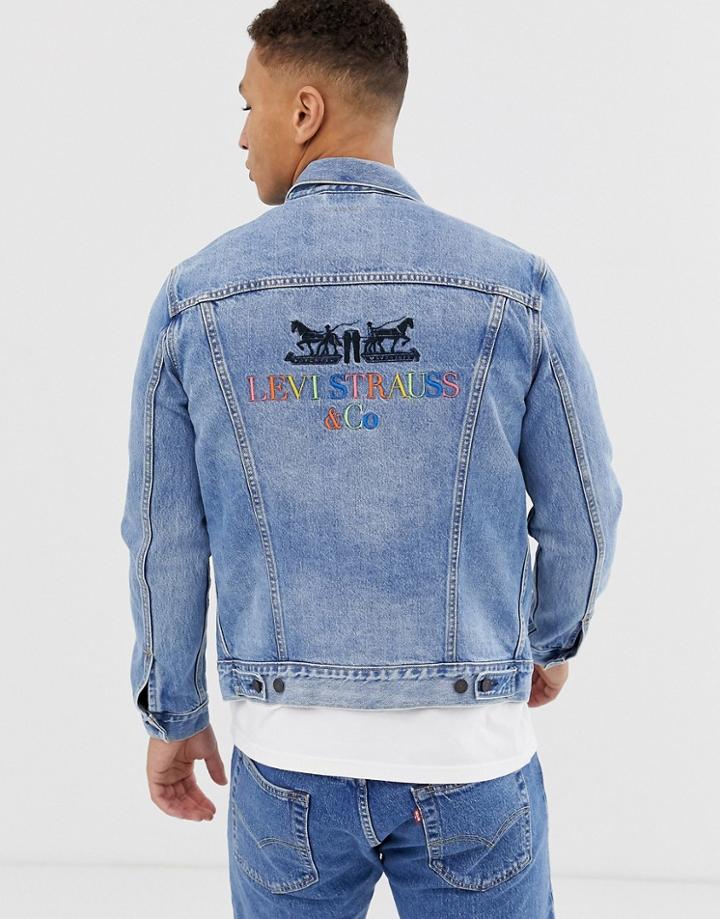 Levi's Original 2 Horse Multi 90s Logo Back Denim Trucker Jacket In Light Wash-blue
