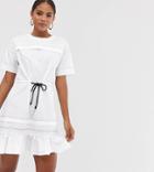Asos Design Tall Mini Skater Dress With Top Stitching And Rope Belt-white