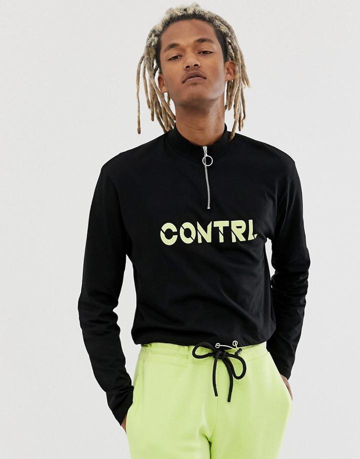 Asos Design Relaxed Long Sleeve Turtleneck Crop T-shirt With Print And Hem Toggles-black