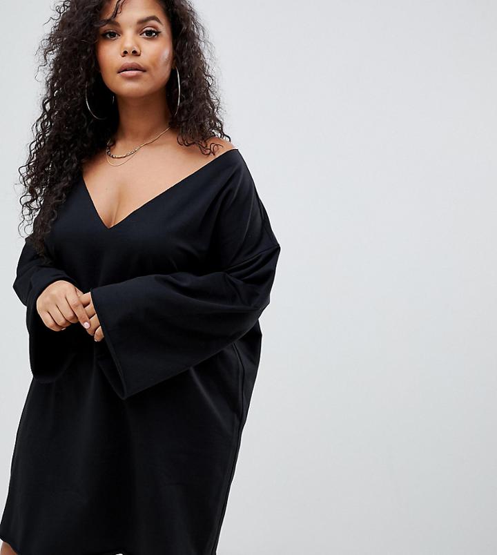 Asos Design Curve V Front And Back Raw Edged Sweat Dress-black