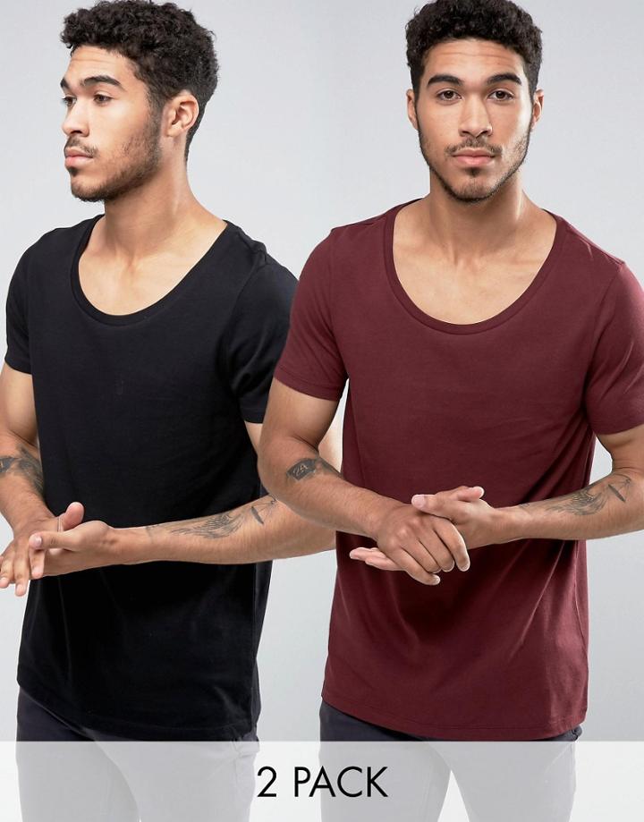 Asos 2 Pack T-shirt With Scoop Neck In Black/red - Multi