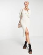 Monki Rib Knit Button Through Midi Dress In Off White