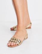 Qupid Woven Sling Back Flat Sandals In Gold