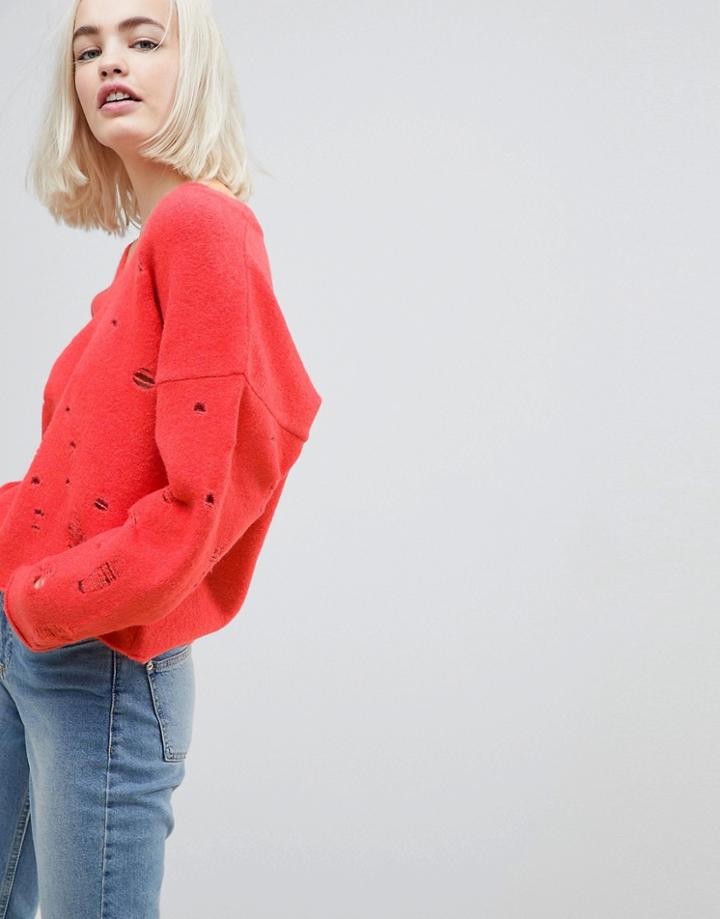 Asos Sweater With V-neck And Rolled Edges-orange