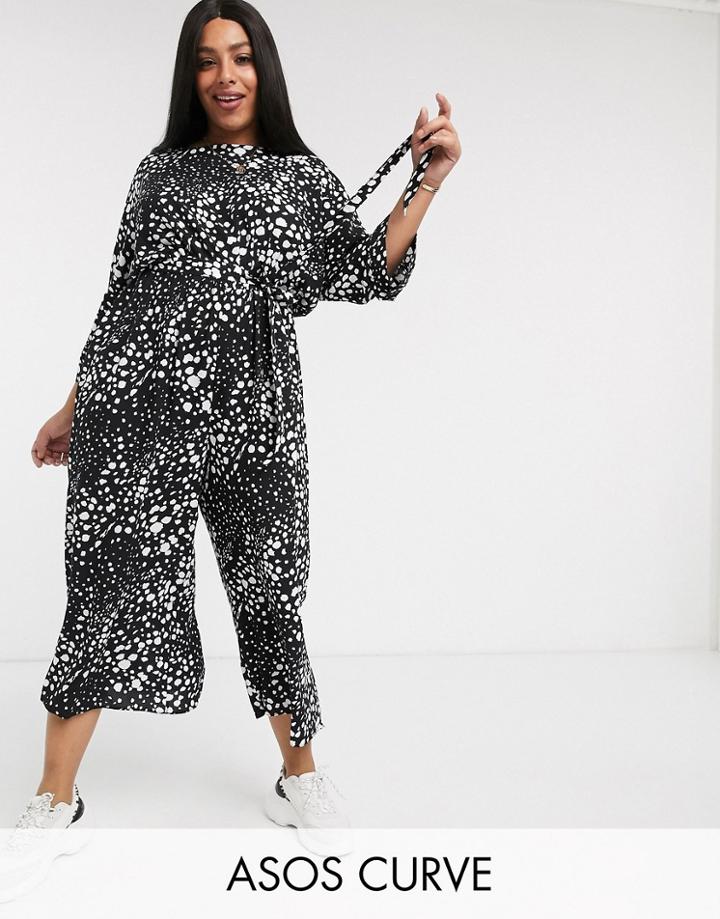 Asos Design Curve Tie Waist Jumpsuit In Black Base Animal Print