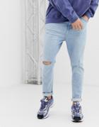Bershka Join Life Carrot Fit Jeans With Rips And Abrasion In Light Blue - Blue