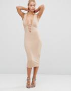 Hedonia Midi Pencil Dress With Lace Up Front - Tan