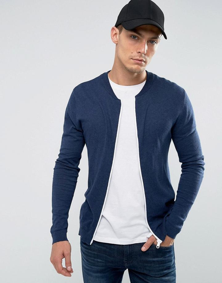 Asos Knitted Muscle Fit Cotton Bomber In Navy With White Zip - Navy
