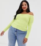 Asos Design Curve Bardot Top In Neon Pointelle - Green