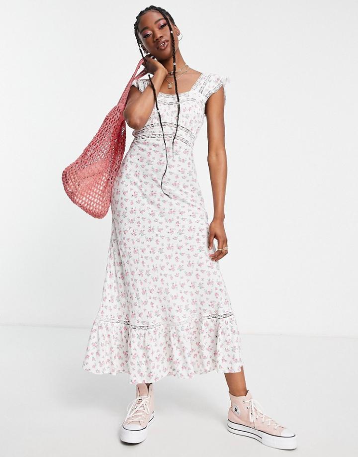Miss Selfridge Lace Insert Textured Maxi Dress In Rose Print-white