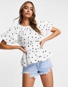 Influence Short Sleeve Peplum Blouse In White Polka Dot