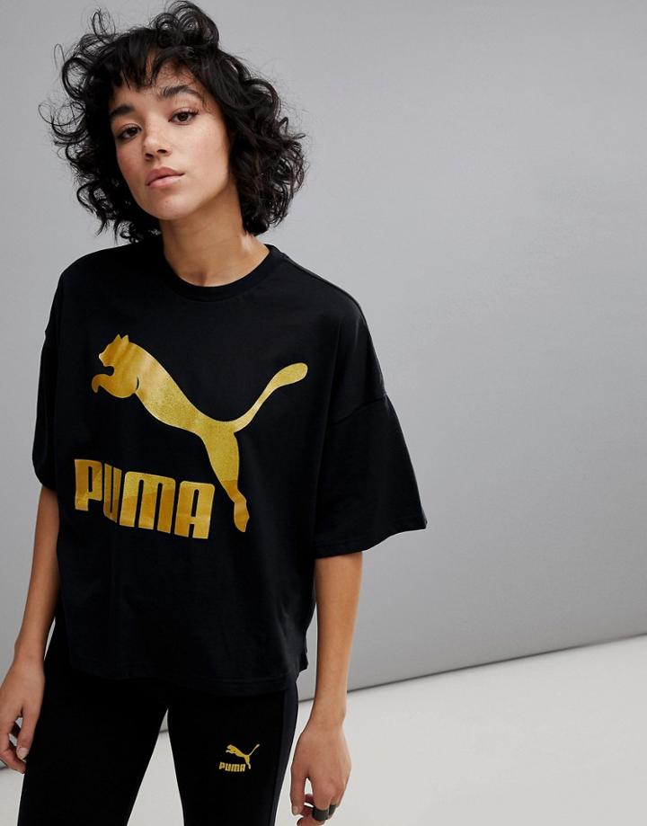Puma T-shirt With Gold Logo - Black