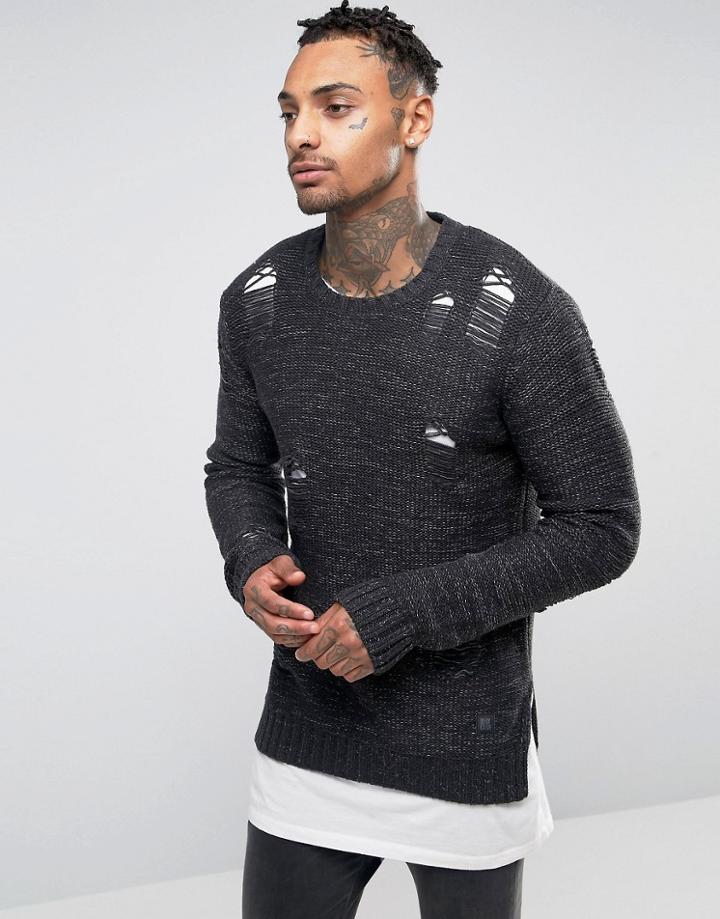 Black Kaviar Longline Distressed Sweater - Black