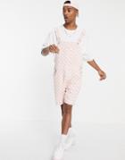 Asos Design Short Denim Overalls In Pink Checkerboard-multi