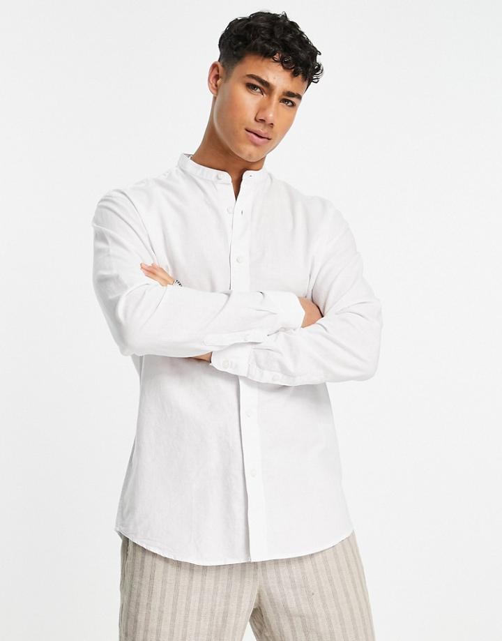 Selected Homme Grandad Collar Linen Mix Shirt In White