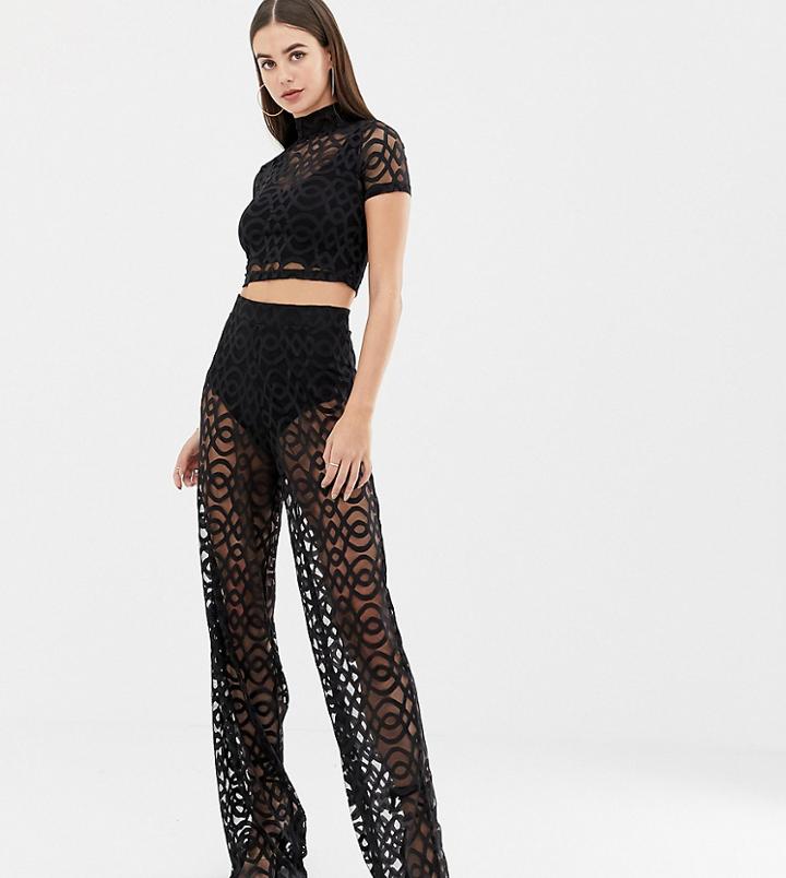 Asos Design Tall Sheer Geo Lace Wide Leg - Black
