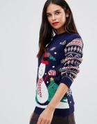Club L Snowman Holidays Sweater With Fairisle Sleeves - Navy