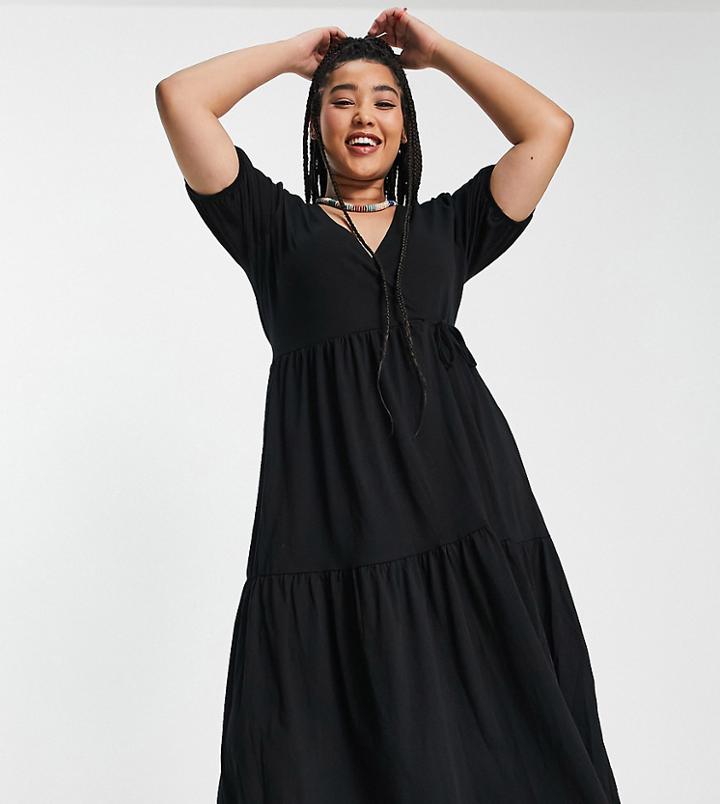 Asos Design Curve Tiered Midi Wrap Dress With Puff Sleeve In Black