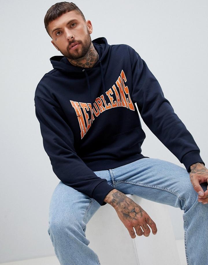 Asos Design Oversized Hoodie With New Orleans Print In Navy - Navy