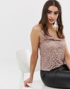Asos Design Embellished Sequin Cami Top With Cowl Neck - Pink