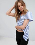 Bershka Stripe Tie Waist Top - Blue