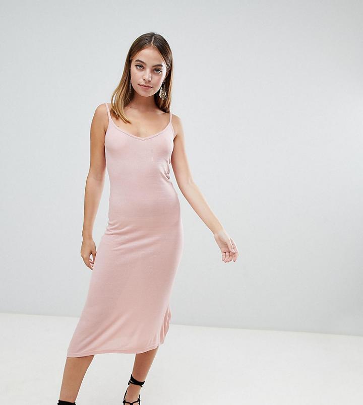 Brave Soul Petite Ella Low Back Midi Dress In Rib - Pink