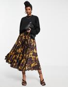 Asos Design Satin Pleated Midi Skirt In Blurred Animal Print-multi