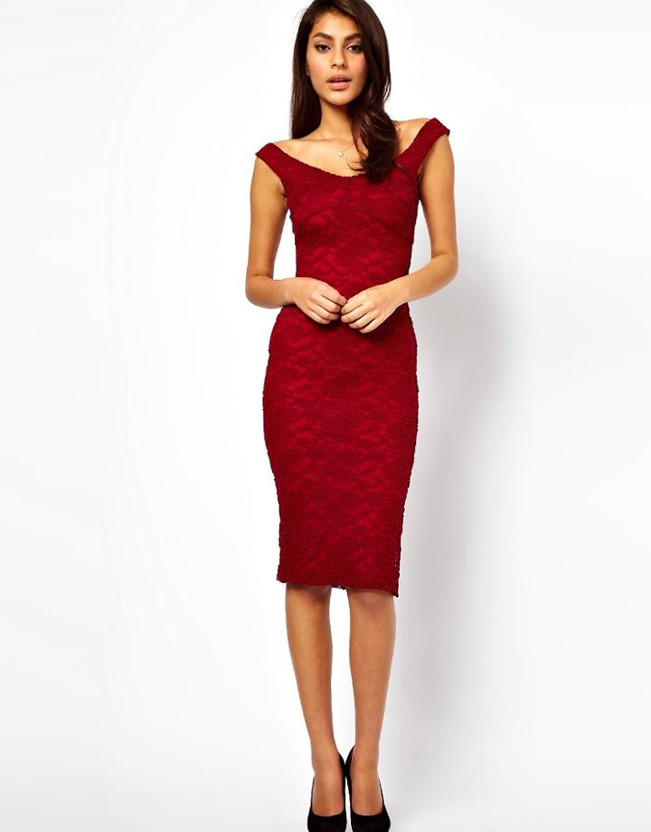 Asos Midi Bodycon With Lace Off Shoulder - Black