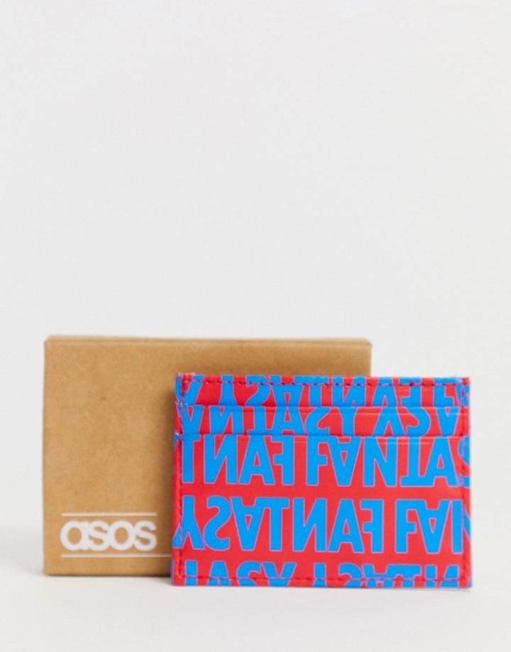 Asos Design Faux Leather Cardholder With Slogan Print In Red And Blue - Multi