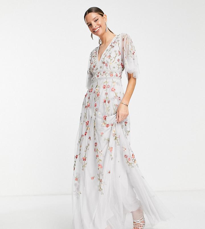 Asos Design Tall Bridesmaid Floral Embroidered Flutter Sleeve Maxi Dress With Embellishment In Soft Blue