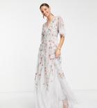 Asos Design Tall Bridesmaid Floral Embroidered Flutter Sleeve Maxi Dress With Embellishment In Soft Blue