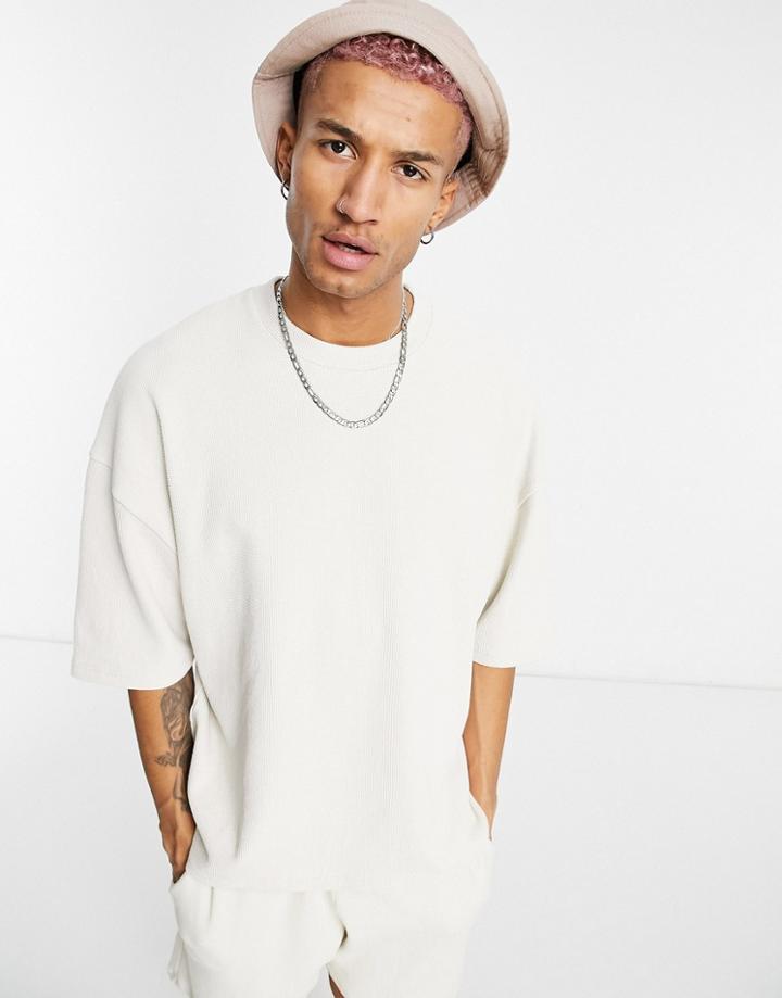 Asos Design Set Oversized Heavyweight Waffle T-shirt In Beige-neutral
