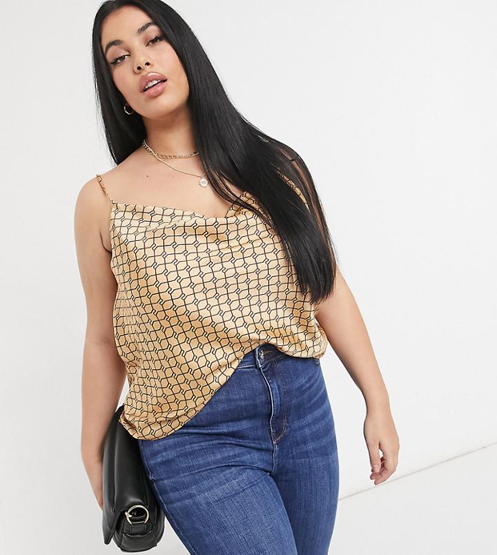 River Island Plus Monogram Cowl Neck Cami In Brown