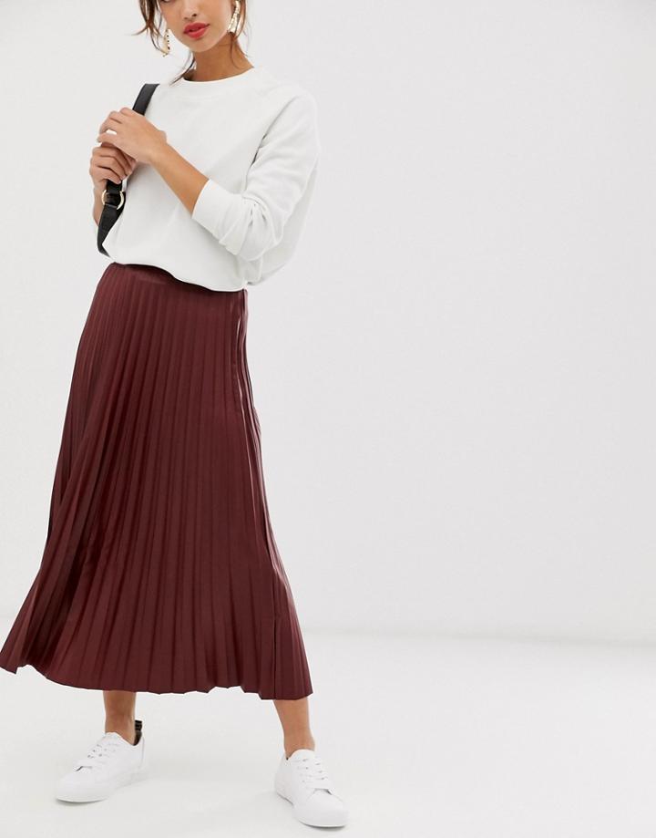 Asos Design Leather Look Pleated Midi Skirt - Red