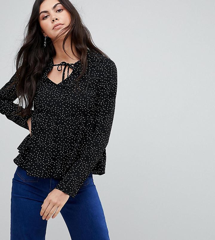 Glamorous Tall Smock Top With Ribbon Tie Front In Spot-black